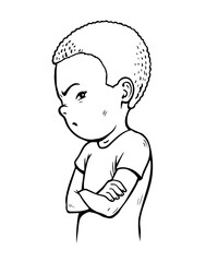 Offended little boy. Stubborn pose. Dissatisfied child. Difficulty raising a child. Cartoon vector illustration black and white. Hand drawn sketch line