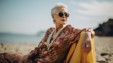 a grandmother in a kebaya who is relaxing on the beach wearing glasses 