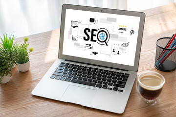 SEO search engine optimization for modish e-commerce and online retail business showing on computer...