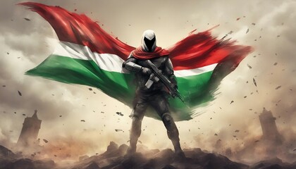 A man holds a Palestinian flag in front of a Al Aqsa Mosque. Superhero or Warrior wearing a Palestine Flag to save the Gaza.