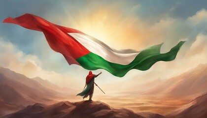 A man holds a Palestinian flag in front of a Al Aqsa Mosque. Superhero or Warrior wearing a Palestine Flag to save the Gaza. - obrazy, fototapety, plakaty