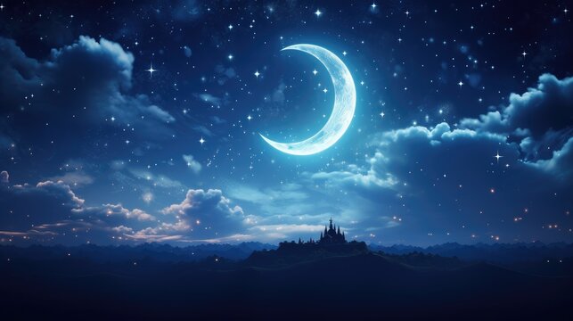 Moonlit Dreamscape: enchanting images of a crescent moon nestled among soft clouds, with stars dotting the tranquil night sky