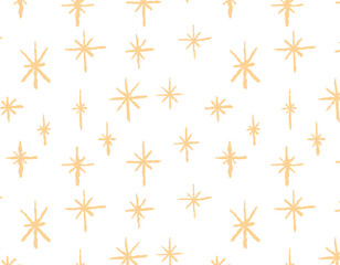 Seamless yellow stars doodle pattern, vector graphics. Doodle illustration. Background for textile design, paper print.