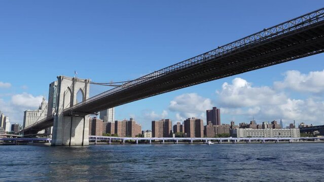 the brooklyn bridge. water level view of Brooklyn Bridge. 4k video.