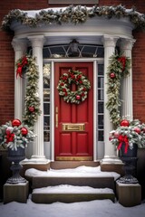 Fototapeta na wymiar Boston Christmas Door with Ornamented Crown, Lights, and Brick Building Background