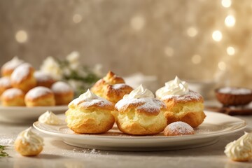 Obraz na płótnie Canvas Cream Puff Day Dessert Delight Serenity, Cream puff for Birthday Parties, Weddings, Baby Showers, Halloween, Christmas, Valentine's Day, Easter and Fourth of July