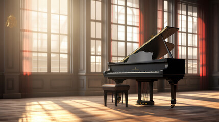 Living room with grand piano and large window with bright daylight coming entering room. - obrazy, fototapety, plakaty