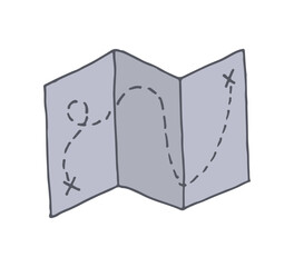 Vector Paper folded map with route. Doodle hand drawn colorful icon for Traveling, Camping, and Trekking