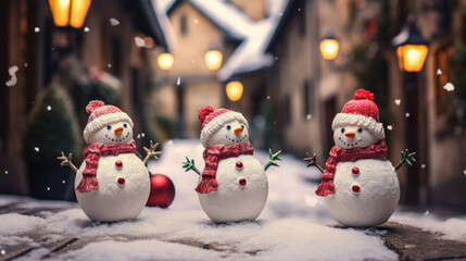 Funny snowmen in a small village at Christmas