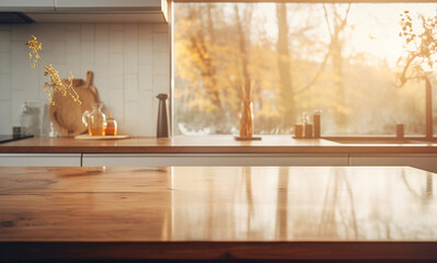 Empty brown wooden table and blur background. Created with Generative AI