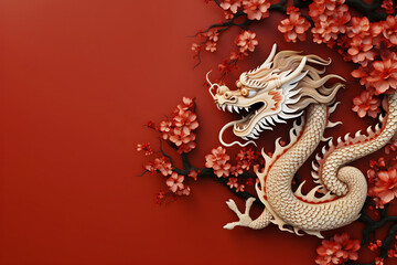 rant Chinese New Year celebration card with a symbolic wooden dragon, vivid red floral decor, and space for text.....