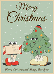 Retro Christmas and New Year greeting card with cute groovy characters: a Christmas tree and a letter to Santa. Vector illustration in cartoon style.