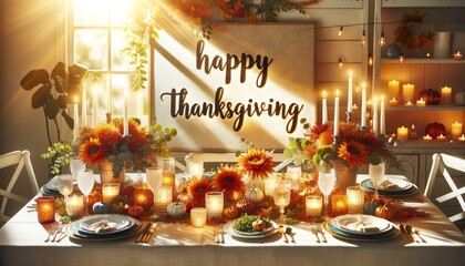 Happy Thanksgiving greeting card. Turkeys, cornucopias, cranberries, corn, pumpkins and beans. Copy space layout for text with the holiday theme. Traditional meal, family gathering illustration.