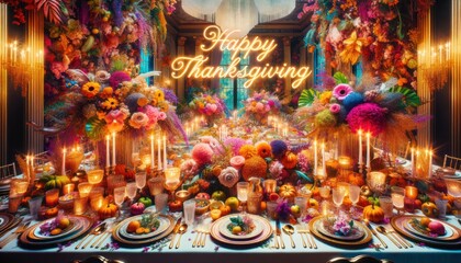 Happy Thanksgiving greeting card. Turkeys, cornucopias, cranberries, corn, pumpkins and beans. Copy space layout for text with the holiday theme. Traditional meal, family gathering illustration.