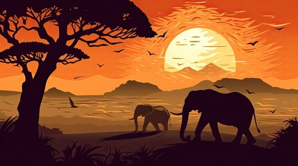  African Wildlife, Elephants under sunset and Mount Kilimanjaro, vector illustration