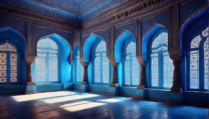 Indischer Palast von innen in blauem Licht. - obrazy, fototapety, plakaty