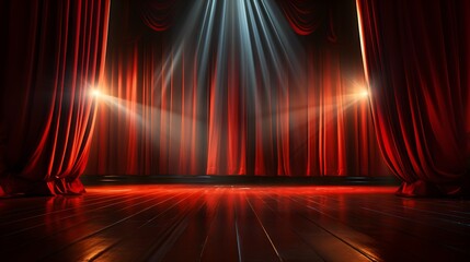 intimate stage setting: red curtains, spotlight, and wooden floor