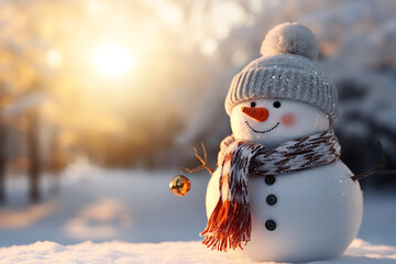 Muñecos de nieve con gorro, y bufandas de lana y nariz de zanahoria