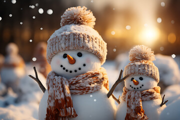 Muñecos de nieve con gorro, y bufandas de lana y nariz de zanahoria
