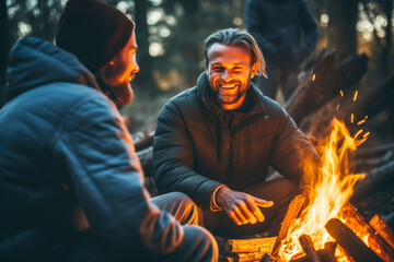 Traveling friends smiling by the campfire