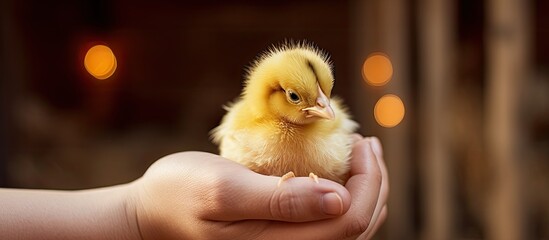 Farmer holds a lovely young chicken