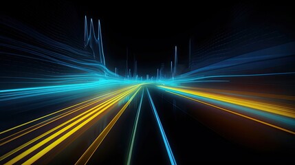Fototapeta na wymiar glowing neon blue yellow lines, bright lights, blue vector background, illuminated high speed traffic motion road at nigh