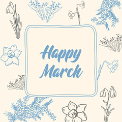 Obraz premium Spring banner with mimosa and narcissus Happy March on gentle background vector template calendar