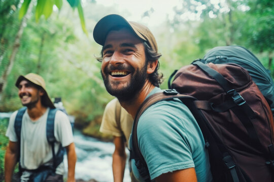 Traveling friends smiling on jungle trip