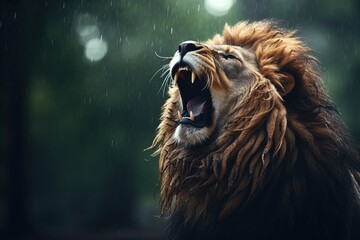 Naklejka premium A lion gives a mighty roar. Great for stories on lions, wilderness, jungle, adventure, travel, nature and more. 