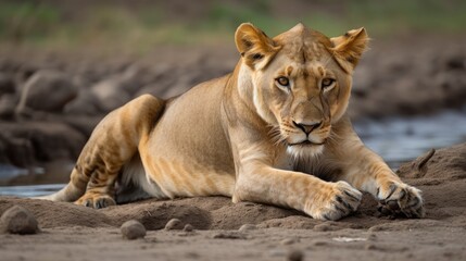  Lion female stretches on the Sand River Stones in Masai Mara, Kenya
