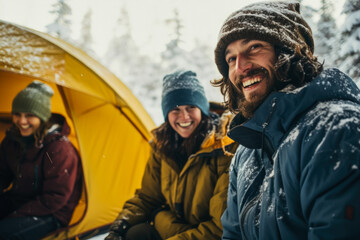 Friends on the mountain camping in the snow