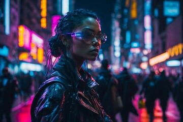 Futuristic City Under Neon-lit Streets With Modern Woman Portrait. Cyberpunk Futuristic Woman in Near Future.