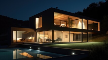  Modern house illuminated at night
