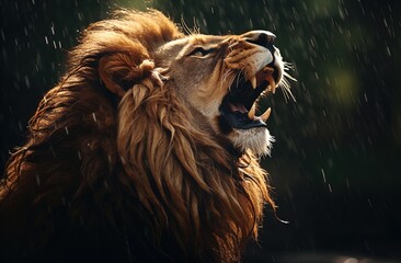 Naklejka premium A lion gives a mighty roar. Great for stories on lions, wilderness, jungle, adventure, travel, nature and more. 