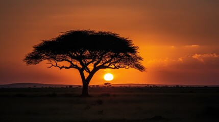  Panorama silhouette tree in africa with sunset. Tree silhouetted against a setting sun. Dark tree on open field dramatic sunrise