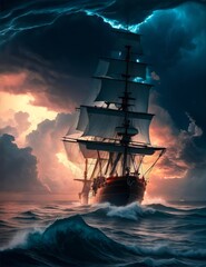 The Sail Ship is Heading Toward a Big Storm. Sailboat on the Sea with Storms and Big Waves. Old Sailing Ship Adrift in the Ocean on a Stormy Day. Ship at Sea. Sailboat on the Ocean.