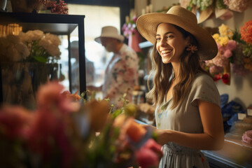 A cheerful saleswoman beams in her flower shop, surrounded by vibrant blooms and the sweet aroma of nature