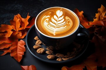 latte with autumn leaves on a dark background Generative AI