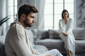 Within a couple's crisis, a disconsolate man sits on the sofa, his partner's sorrowful presence indicating relationship turmoil and an approaching divorce