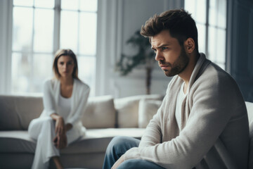 Amidst a couple's conflict, a woeful man sits on the couch, his partner's sadness evident in the background, symbolizing relationship crisis and divorce woes