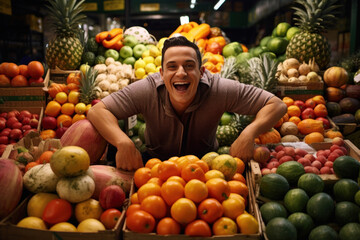 Smiling brightly, an Asian man of cheerful demeanor sells ripe fruits at a lively market stall