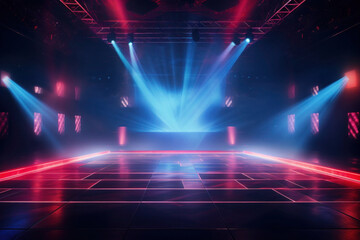 Empty concert stage with illuminated neon glowing spotlights. Stage background with copy space - obrazy, fototapety, plakaty