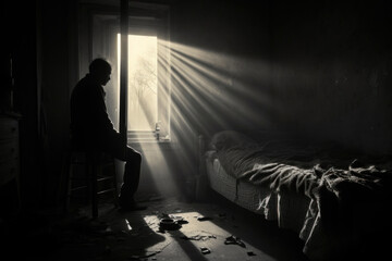 A man sits in an old dirty crumbling room in front of a window from which there is sun. concept of depression, loneliness