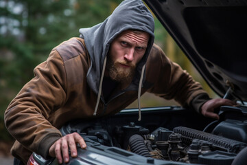 A man appears stunned, peering beneath the car hood, puzzled by the car's unexpected breakdown - obrazy, fototapety, plakaty