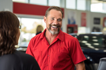 A car parts store seller and a customer discussing car repairs in a car parts store or auto repair shop