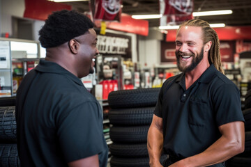 A car parts store seller and a customer bonding over a shared love of cars
