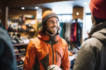 A welcoming gentleman beams with a friendly smile in a ski gear boutique, presenting the newest...