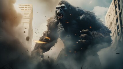 giant gorilla king rampages in the middle of the city and destroys tall buildings