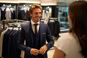 A satisfied gentleman grins in a boutique brimming with sharp suits, showcasing his elegance and sophistication amidst the racks of tailored attire