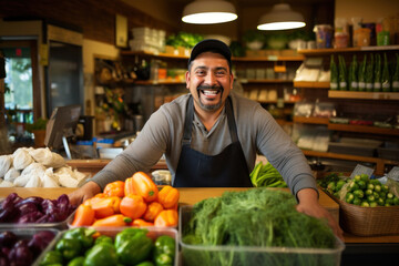 Fototapeta premium A satisfied vendor enjoys his work as he sells fresh produce to customers